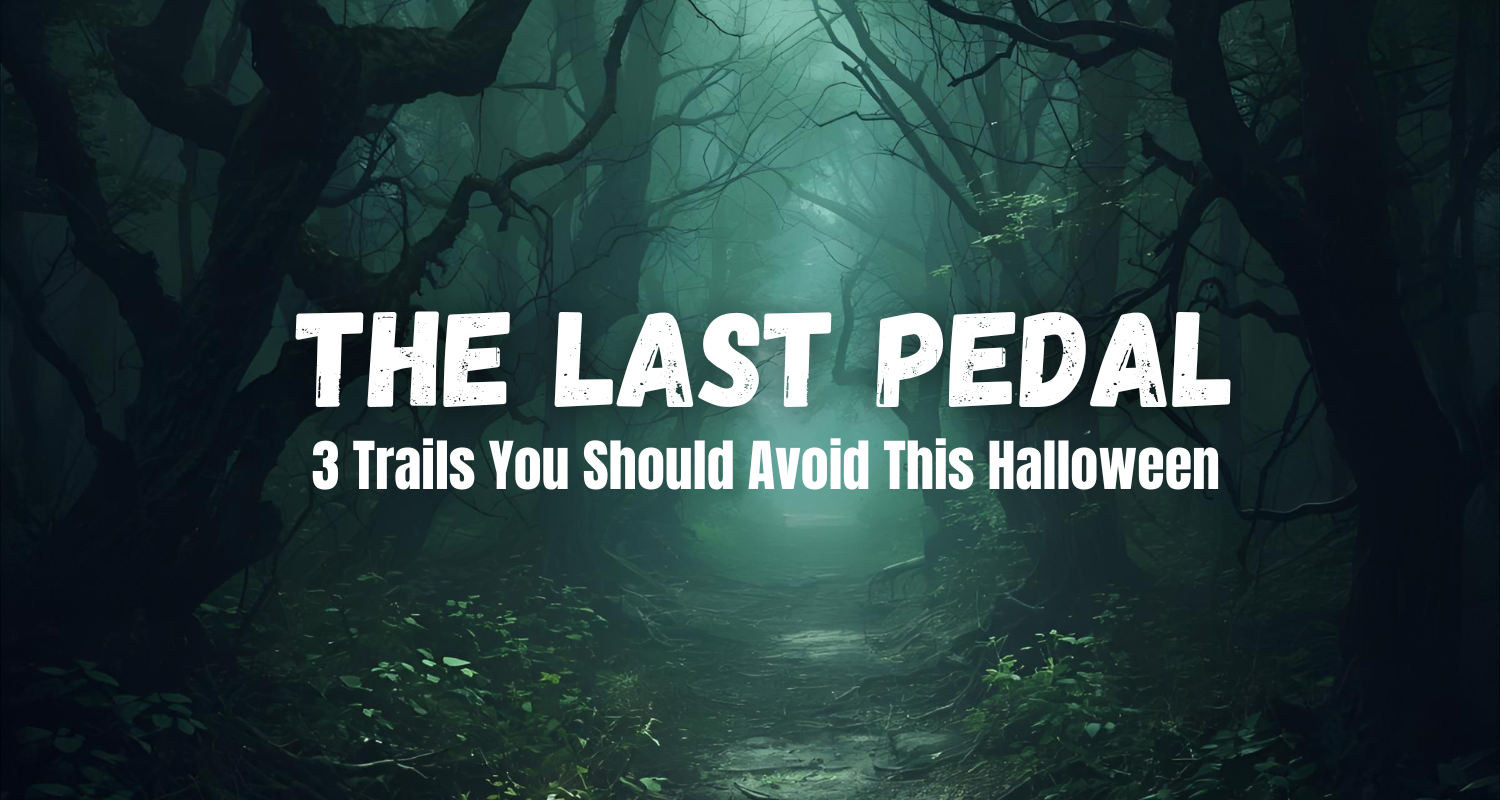atmospheric shot of a bike trail winding deep into a dense, dark forest at dusk. The dim light and mist create a terrifying, spooky, or haunted atmosphere suitable for Halloween