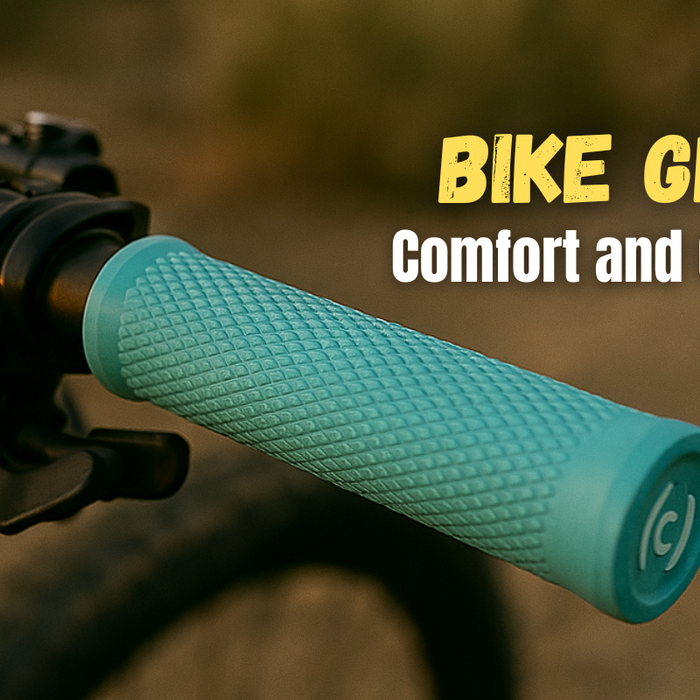 Close-up of a textured bike handlebar grip, with detailed focus on the grip pattern and ergonomic design, set against a blurred mountain trail background.