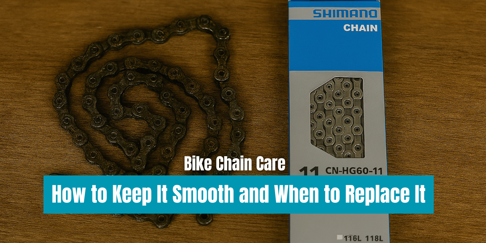 Close-up of a worn, rusty bike chain placed on a wooden surface next to a new Shimano 11-speed chain in its blue and gray packaging, highlighting the contrast between old and new.