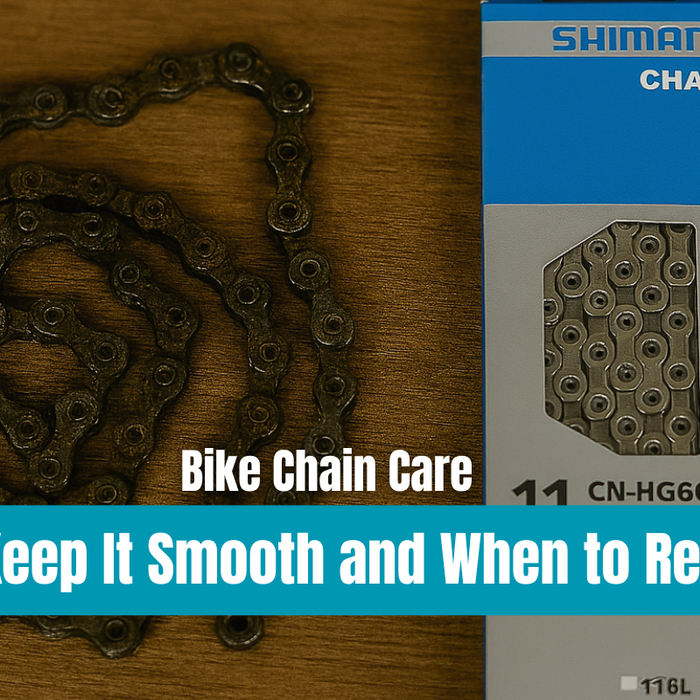Close-up of a worn, rusty bike chain placed on a wooden surface next to a new Shimano 11-speed chain in its blue and gray packaging, highlighting the contrast between old and new.
