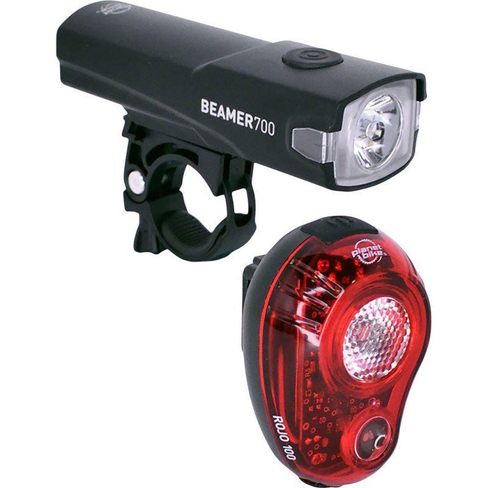Planet Bike Beamer 700/Rojo 100 Headlight/Taillight Set - 700/100 Lumen USB Rechargable Black