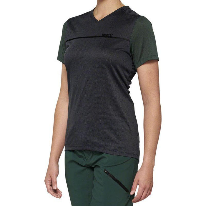 100% Ridecamp Jersey - Charcoal/Green Short Sleeve Women's Small