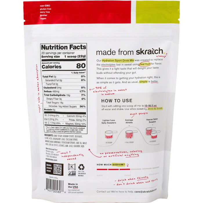 Skratch Labs Hydration Sport Drink Mix - Raspberry Limeade With Caffiene 20-Serving Resealable Pouch