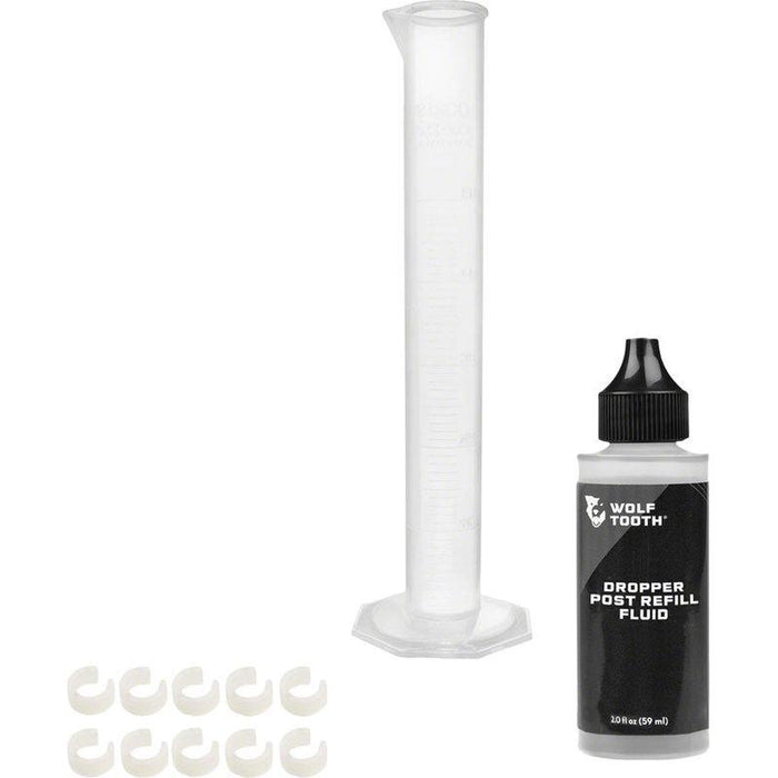 Wolf Tooth Resolve Dropper Post Service Kit - Refill Fluid 2oz Graduated Cylinder 10 Travel Adjustment Spacers