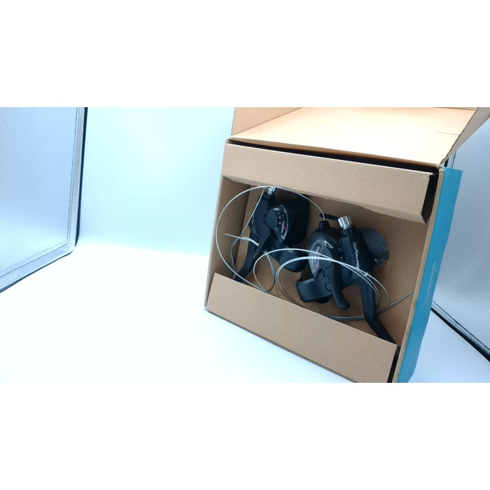 SHIFT/BRAKE LEVER SET. ST-TX800. TOURNEY TX. 3X8-SPEED. EZ-FIRE PLUS. 2F-STEEL/R ESIN. FOR V-BRAKE . STD SHIFT & BRAKE CA BLE LENGTH. BLACK. - Open Box - (Without Original Box)