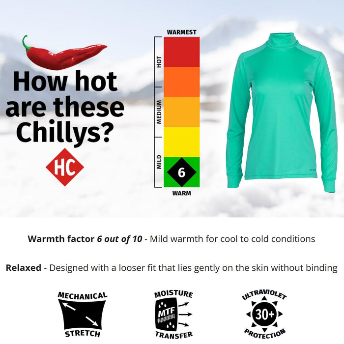 Hot Chillys Wopeach Skins Solid T-Neck Womens Lagoon Small