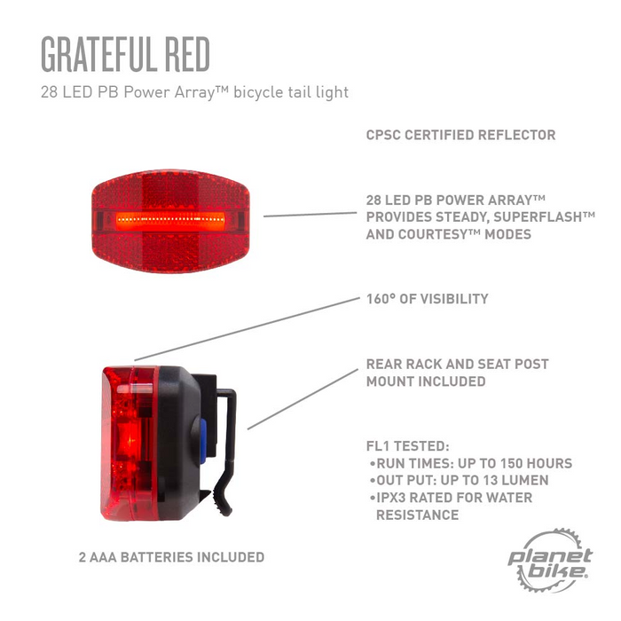Planet Bike Grateful Red Taillight 13 Lumens Bicycle Lights